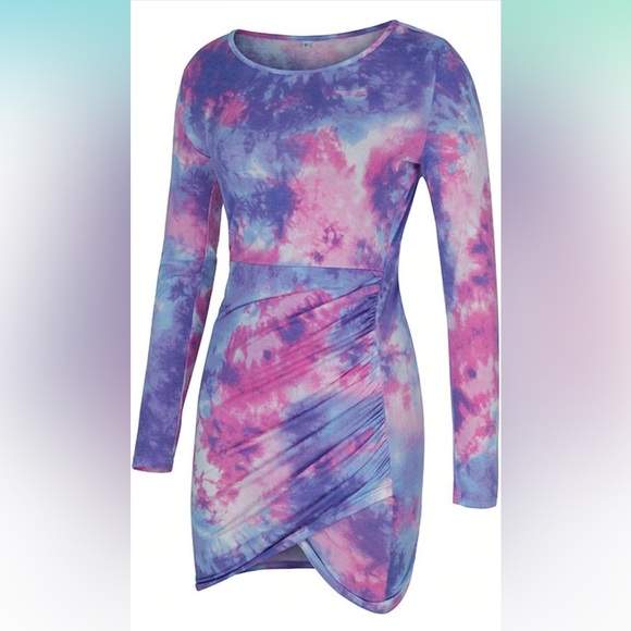 🎀 AUDUE Women's Tie Dye Tulip Hem Bodycon long sleeves mini Dress - Picture 7 of 8
